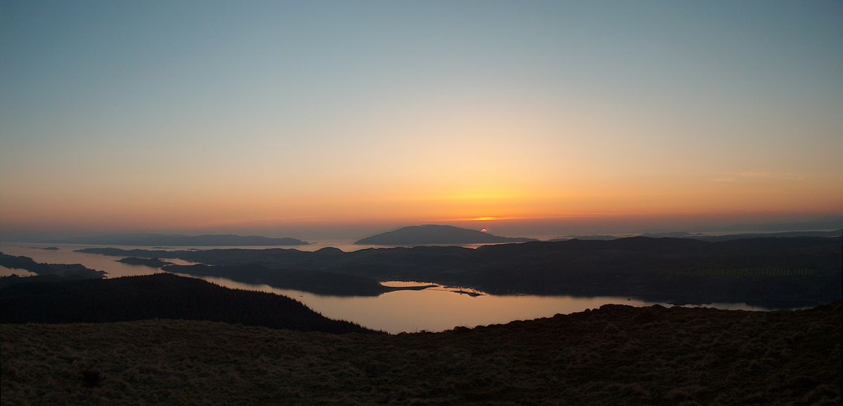 Spring sunset over Scarba Island seen from above Loch Craignish and Arfern in Argyll, Scotland