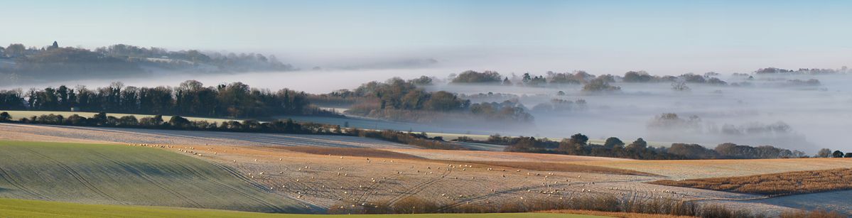 View looking south from Cheesefoot Head in the South Downs National Park near Winchester.  Early February morning, not long after this panorama was taken the sun burned away the mist.  Paul Haines.